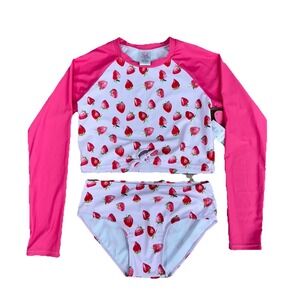 NWT Sol Swimsuit 2 Pc Rash Guard Set Girls Size 16 Top 14 Bottom Pink Strawberry